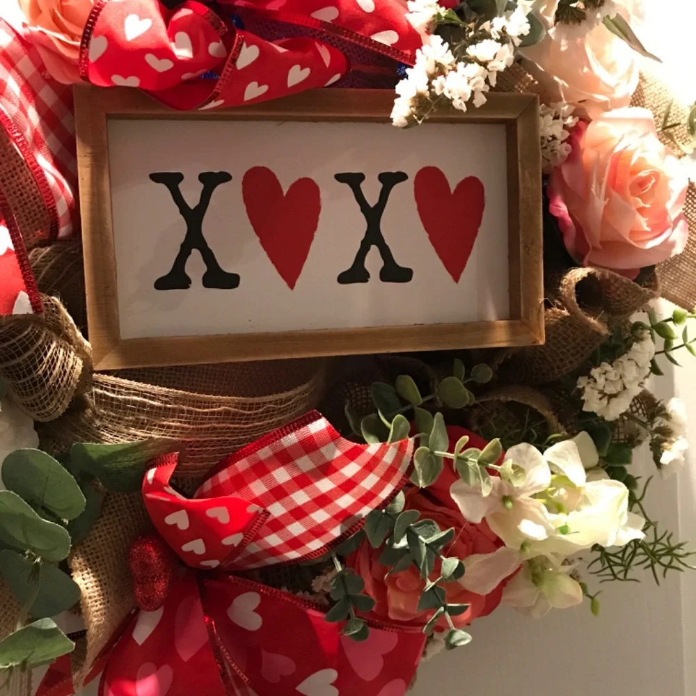 Valentines Wreath Hand Crafted LOVE Burlap Kisses Hugs FINAL SALE